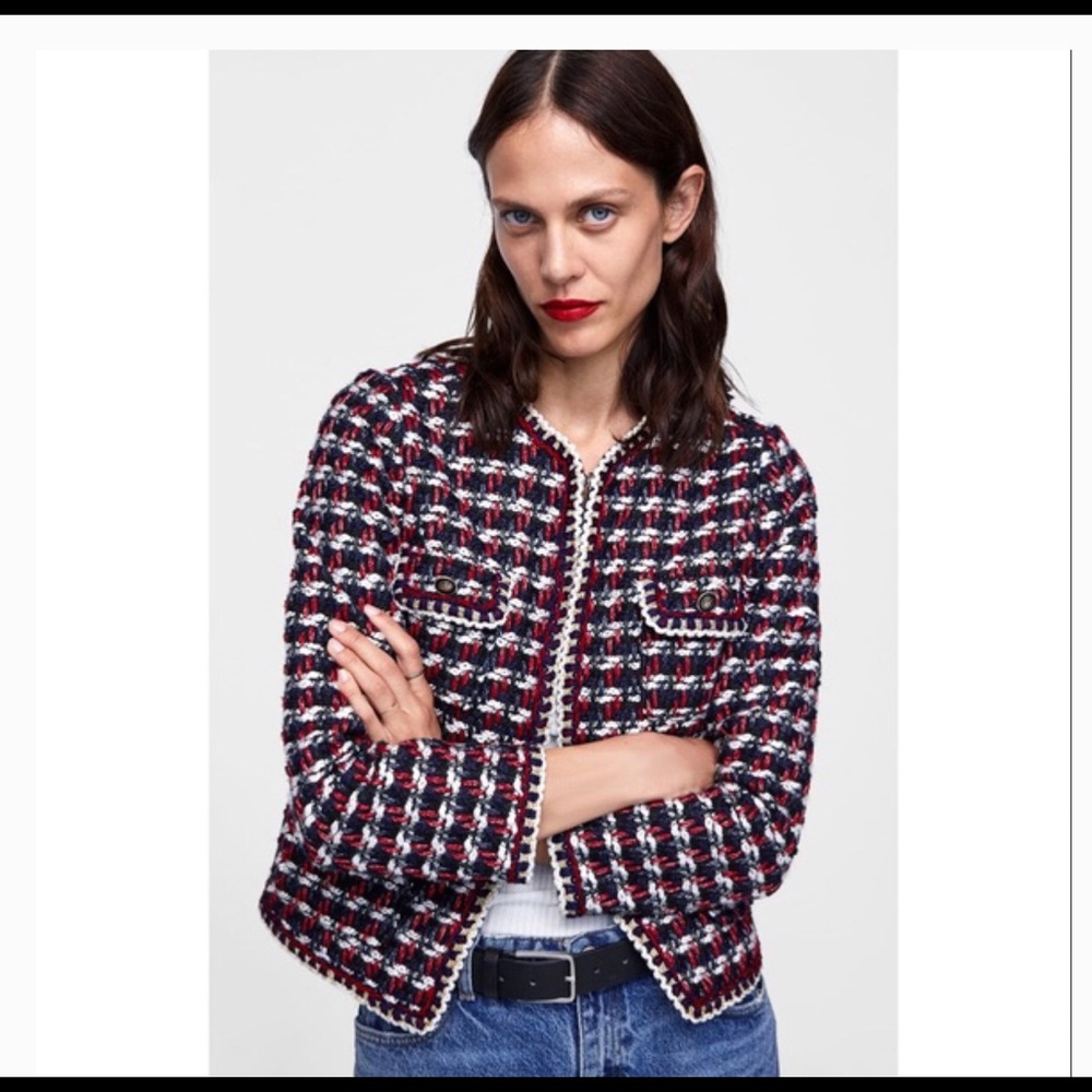Zara red white and navy tweed blazer XS